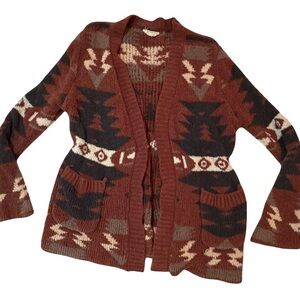 Women's Brown aztec patterned fleece long cardigan sweater with pockets medium